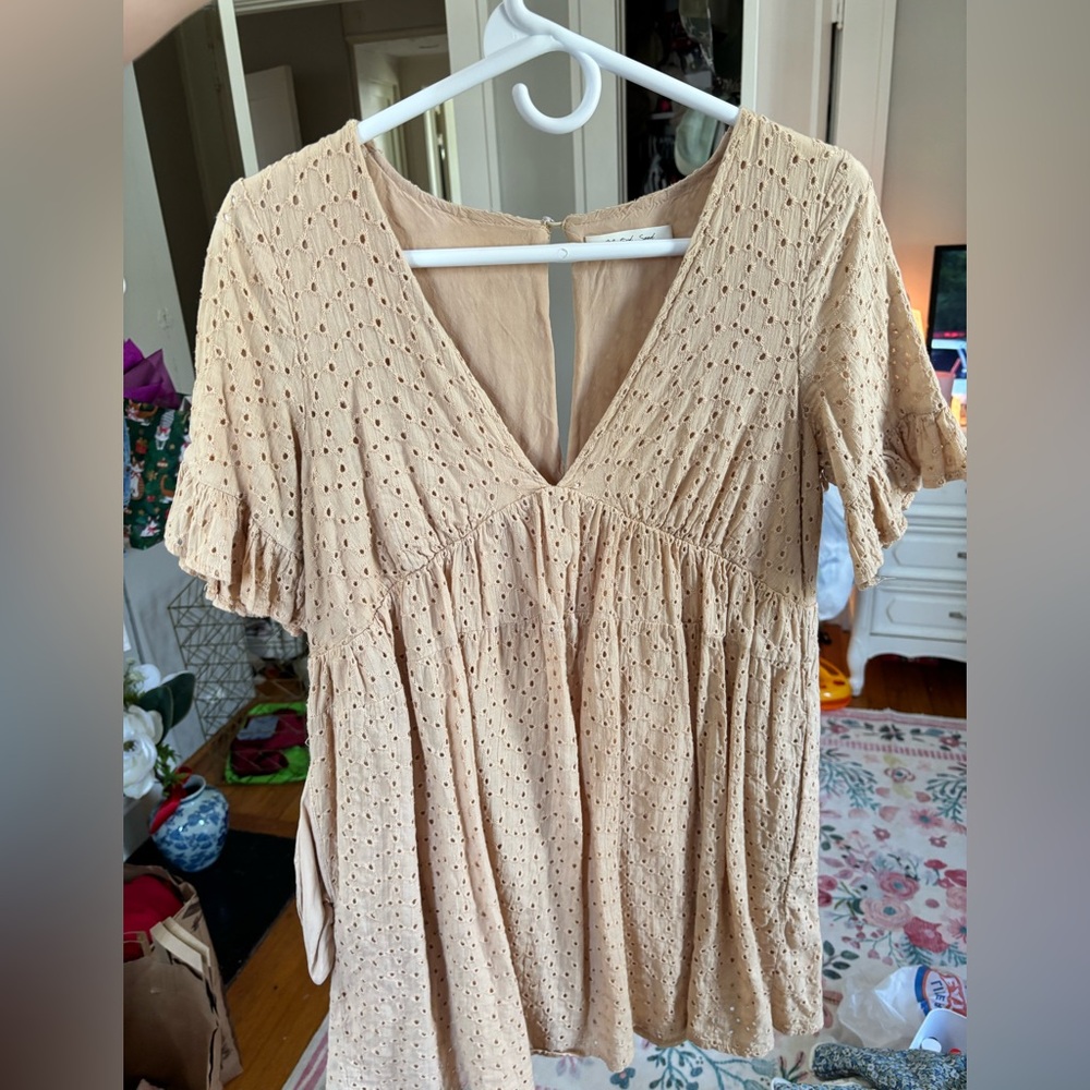Beige Eyelet V-Neck Boho Dress